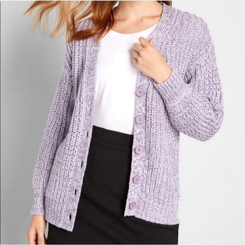 ModCloth Warming Signs Knit Cardigan Metallica Lavender